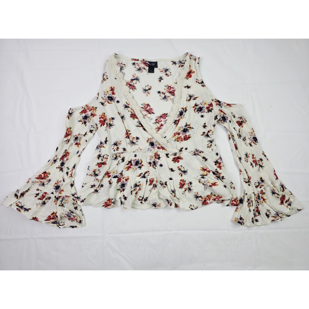 Day Trip Floral Crinkle Ruffle Top Cold Shoulder Ivory Women's Size M